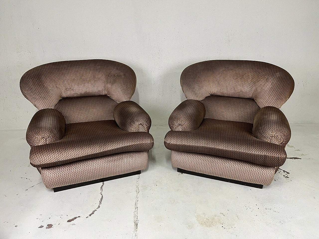 Pair of Space Age black wood and brown fabric armchairs, 1960s 1