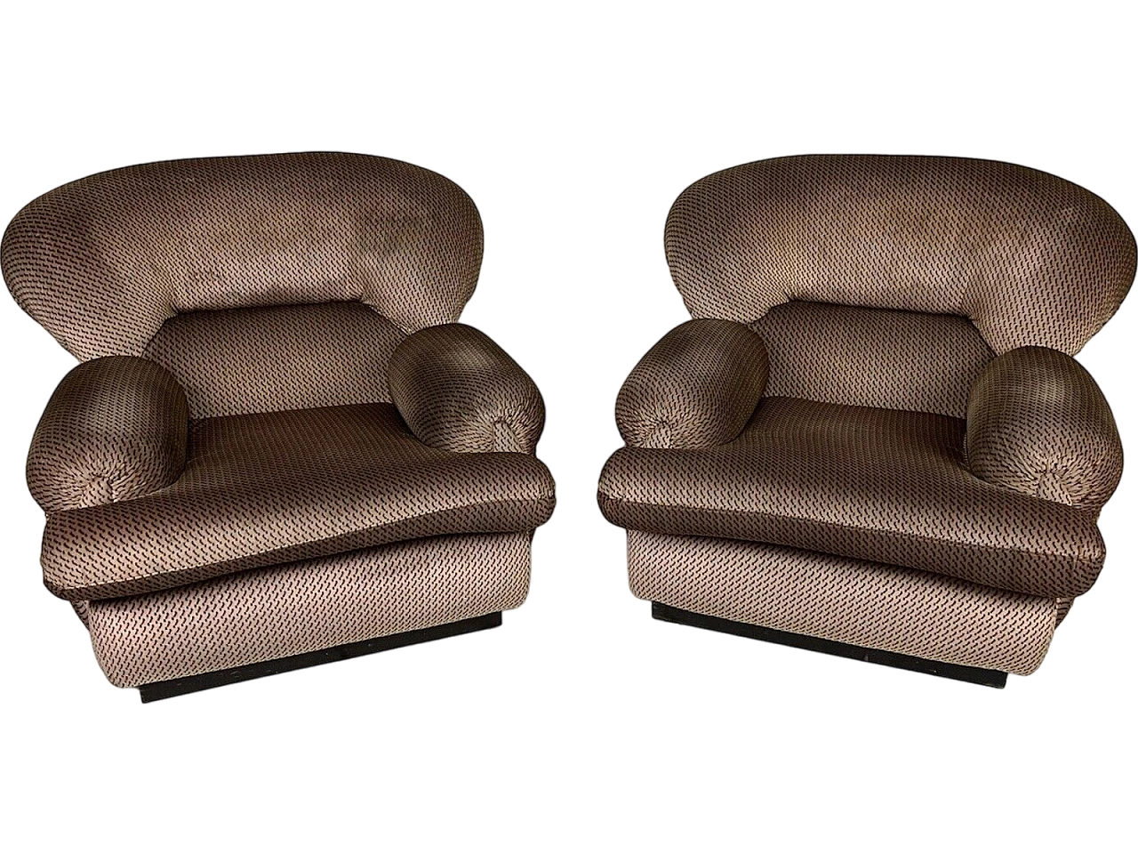 Pair of Space Age black wood and brown fabric armchairs, 1960s 2