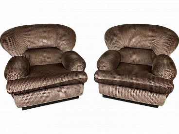 Pair of Space Age black wood and brown fabric armchairs, 1960s