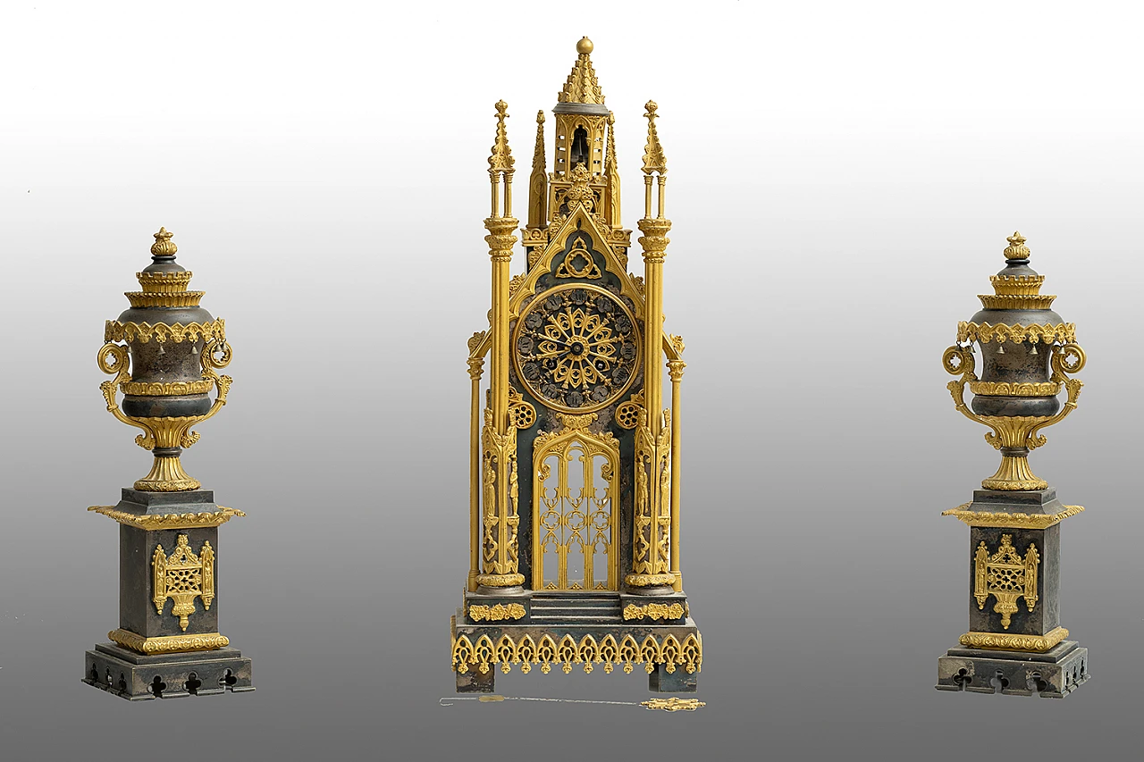 Charles X gilt and patinated bronze clock triptych, early 19th century 1