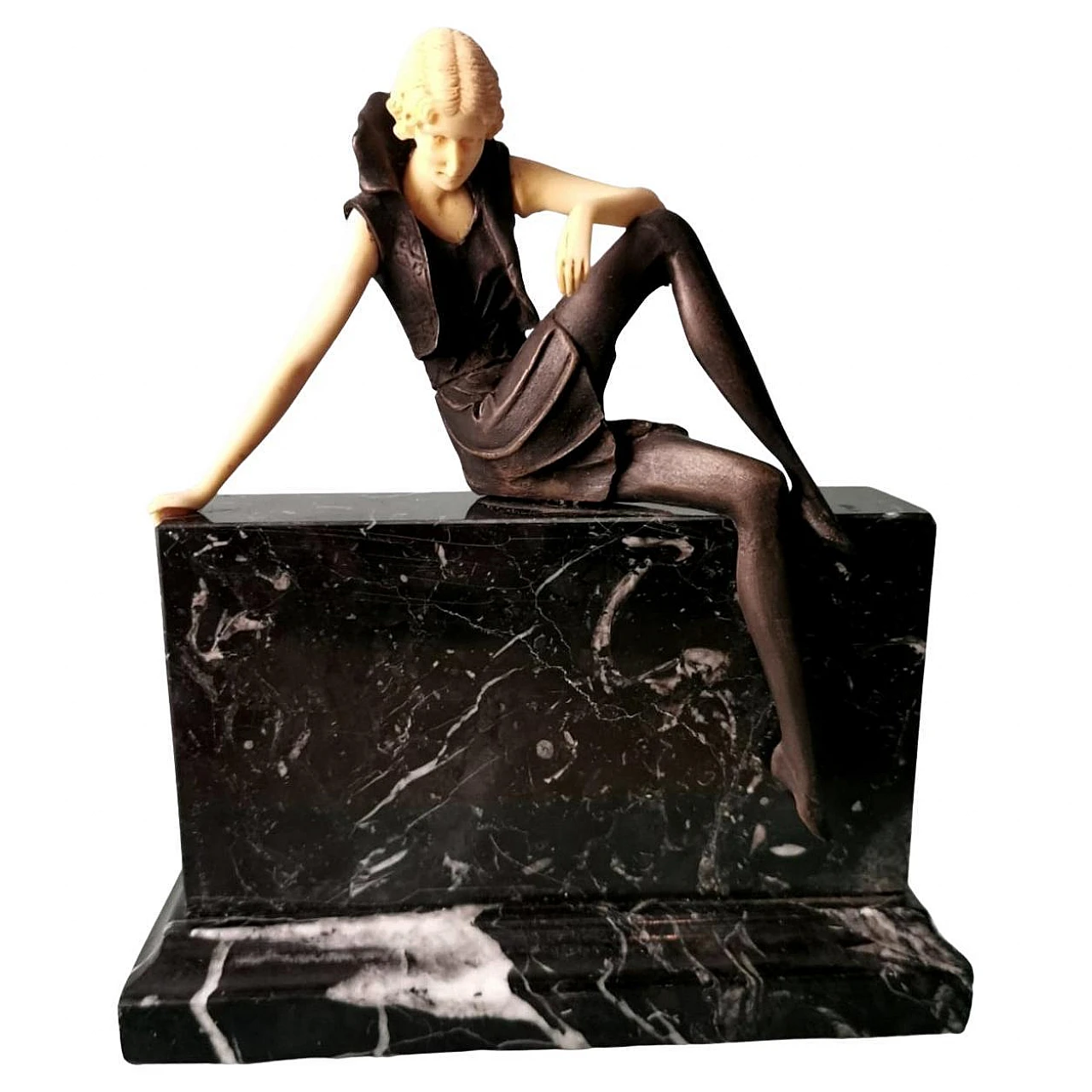 Flapper, bronze, galalith and Marquinia marble sculpture, 1930s 1