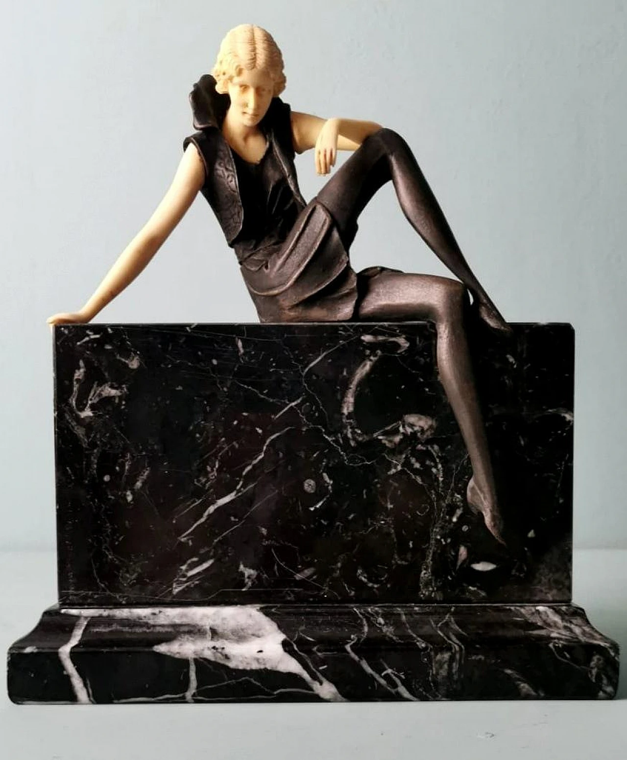 Flapper, bronze, galalith and Marquinia marble sculpture, 1930s 3