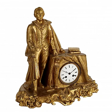 Orologio da appoggio in legno dorato con statua di studioso, '800