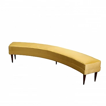 Curved and padded bench in yellow satin & wooden legs, 1950s