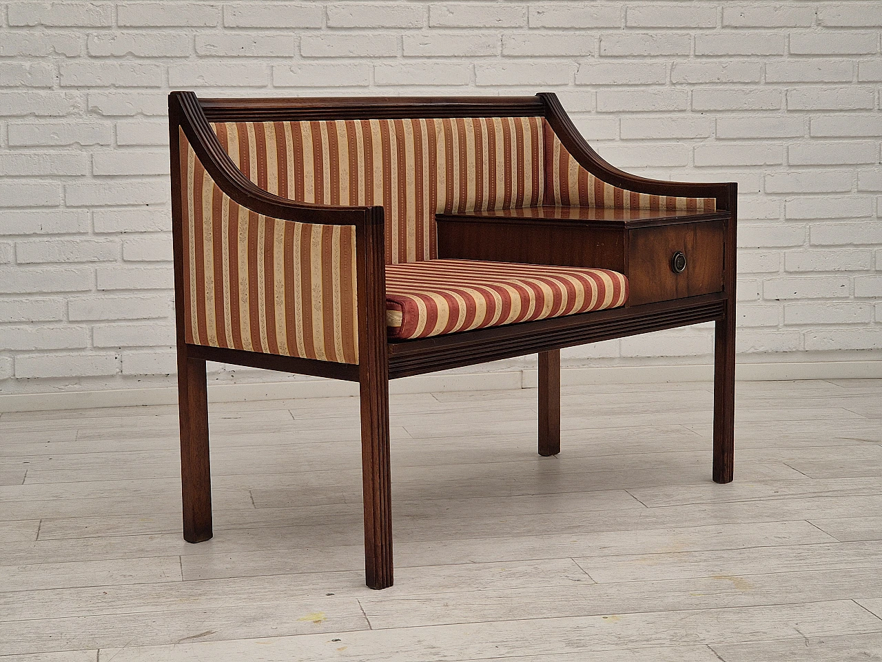 Danish mahogany and fabric bench with drawer, 1950s 1