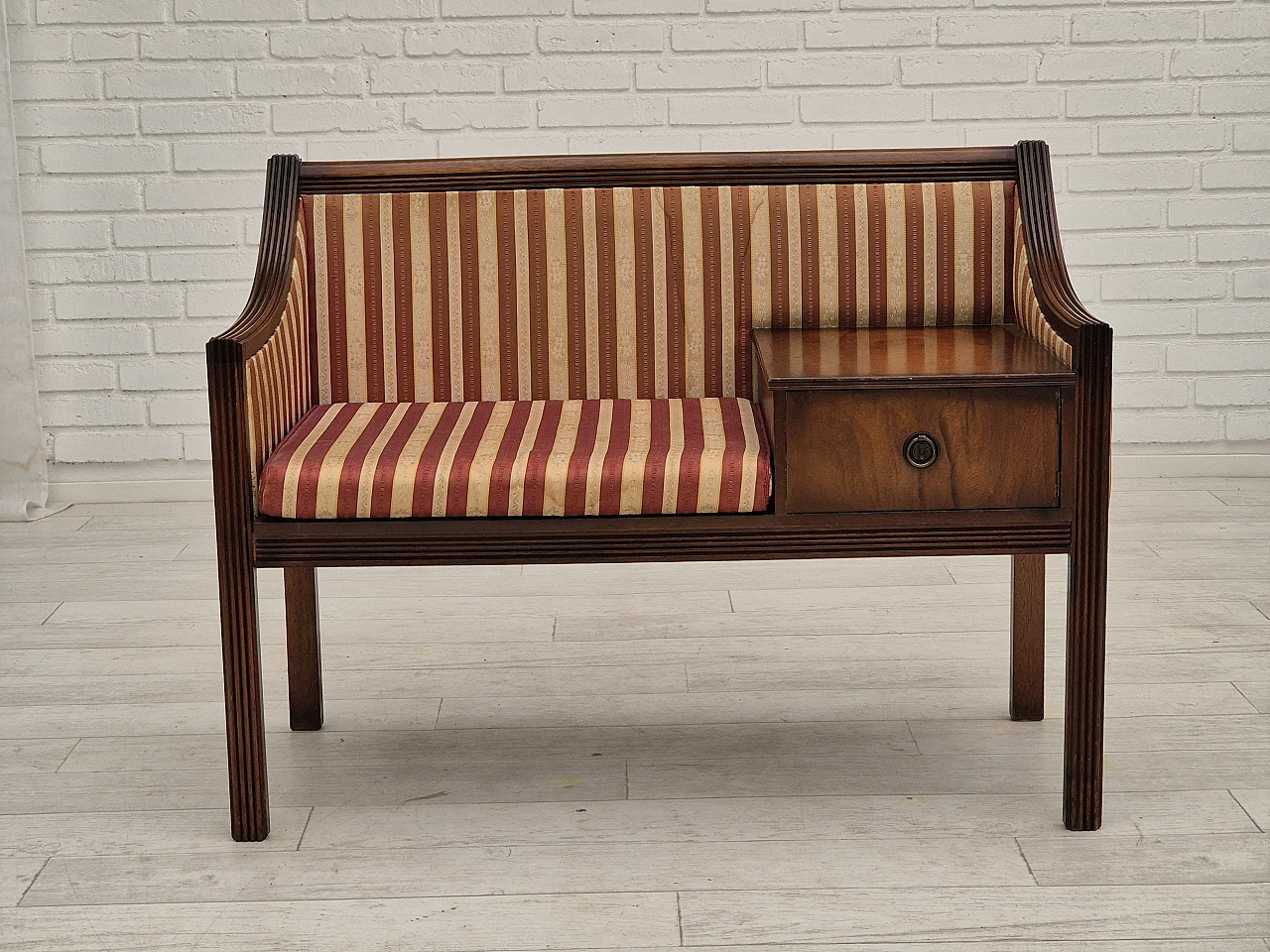 Danish mahogany and fabric bench with drawer, 1950s 2