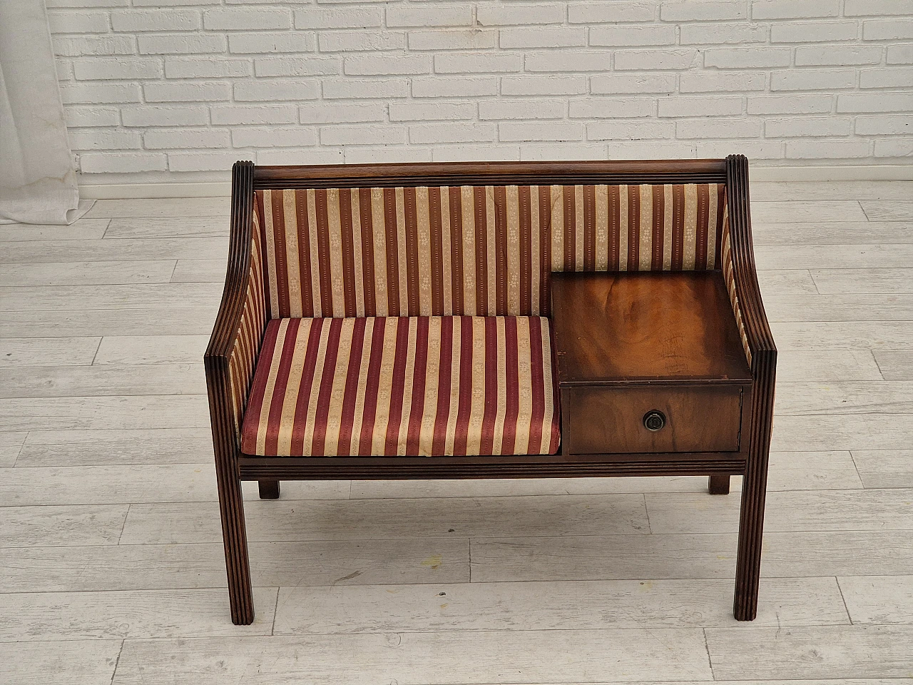 Danish mahogany and fabric bench with drawer, 1950s 3