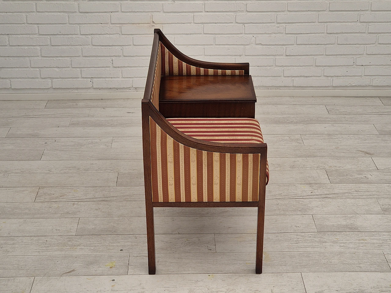 Danish mahogany and fabric bench with drawer, 1950s 5