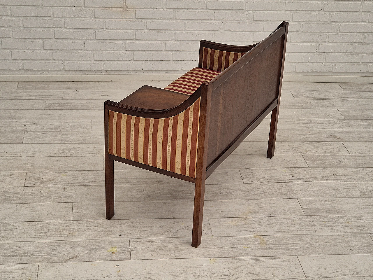 Danish mahogany and fabric bench with drawer, 1950s 7