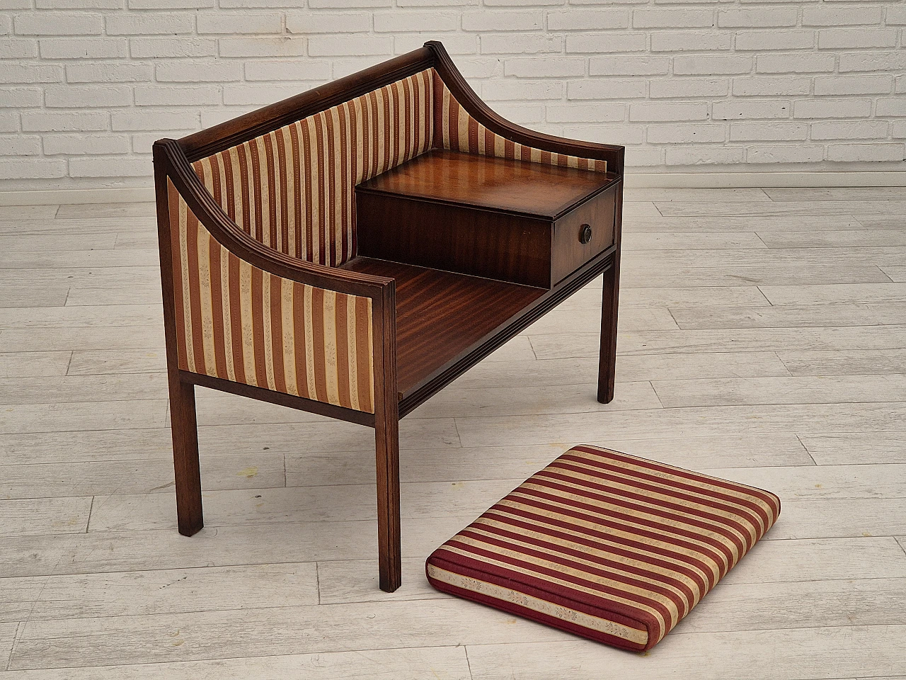 Danish mahogany and fabric bench with drawer, 1950s 9