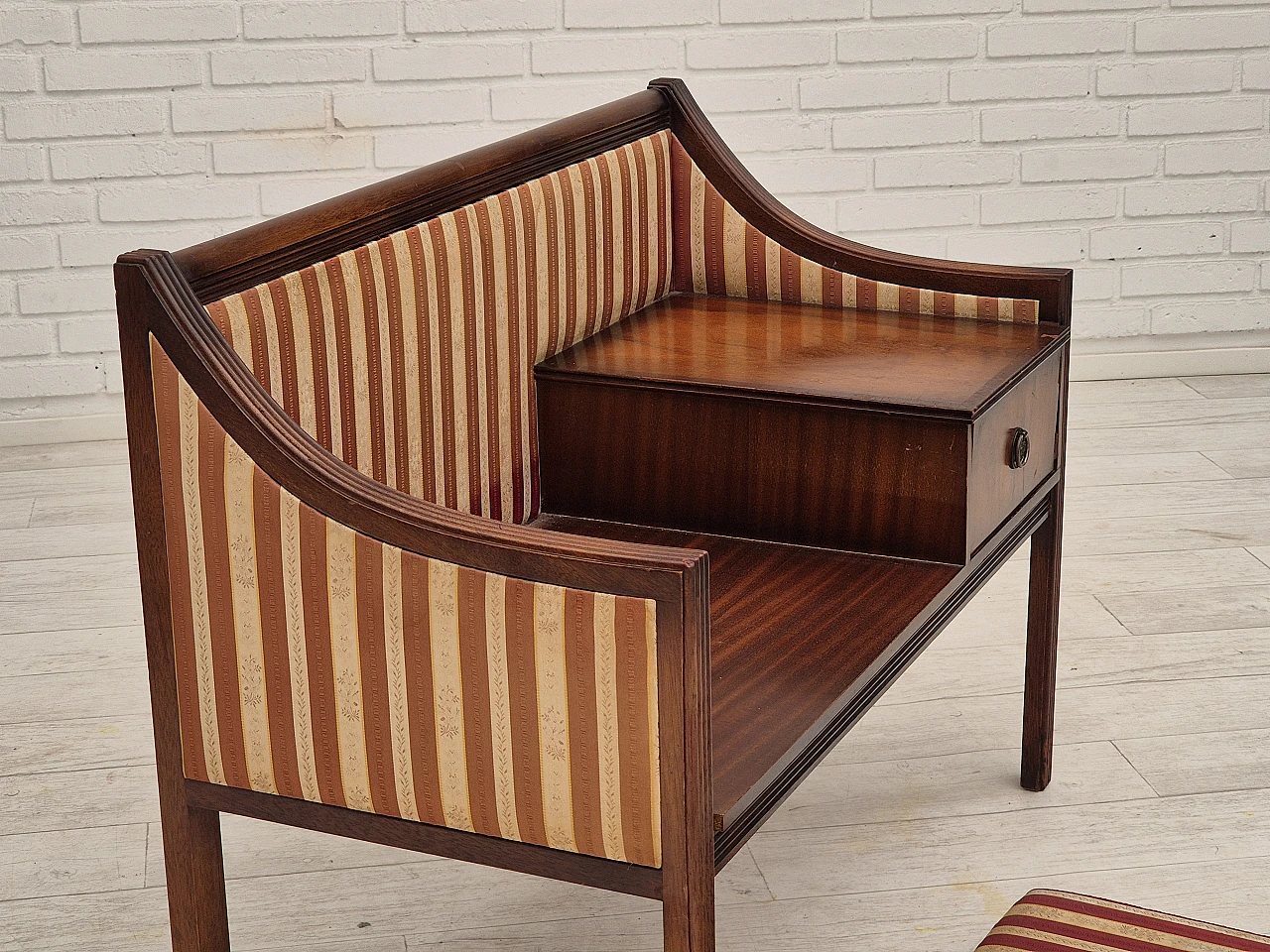 Danish mahogany and fabric bench with drawer, 1950s 10