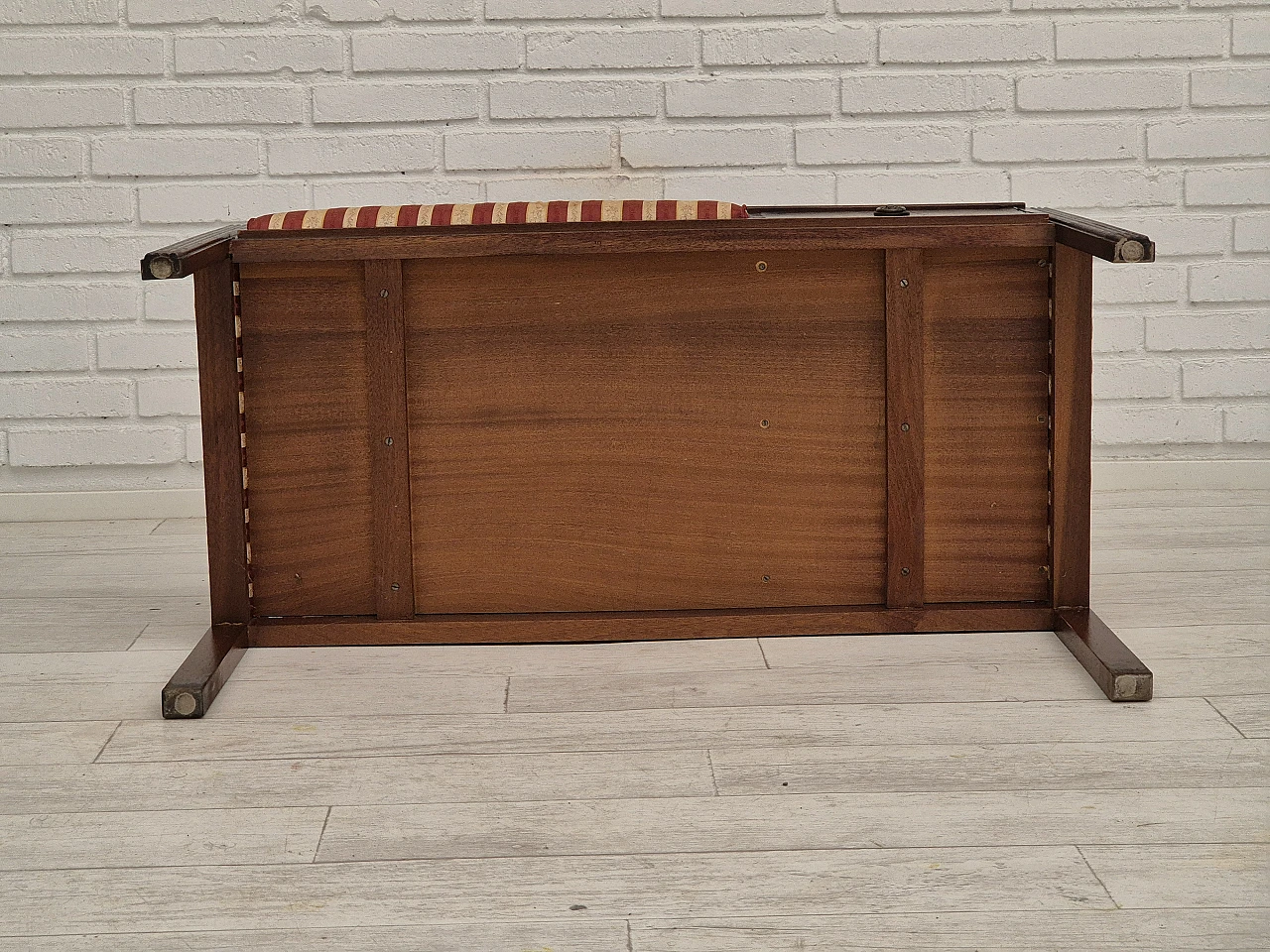 Danish mahogany and fabric bench with drawer, 1950s 11