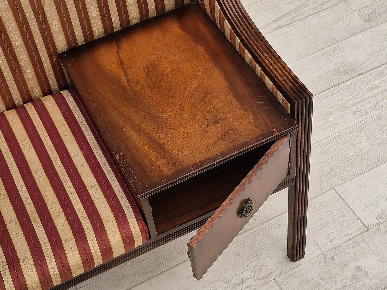 Danish mahogany and fabric bench with drawer, 1950s 12