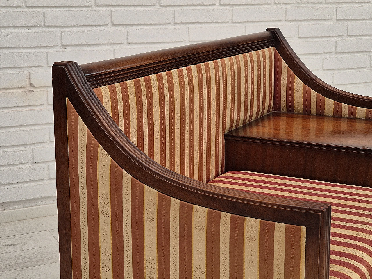 Danish mahogany and fabric bench with drawer, 1950s 13