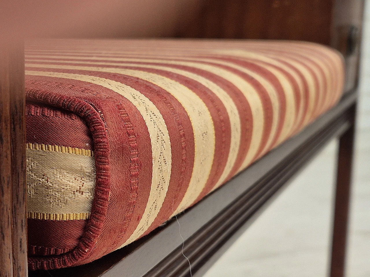 Danish mahogany and fabric bench with drawer, 1950s 14