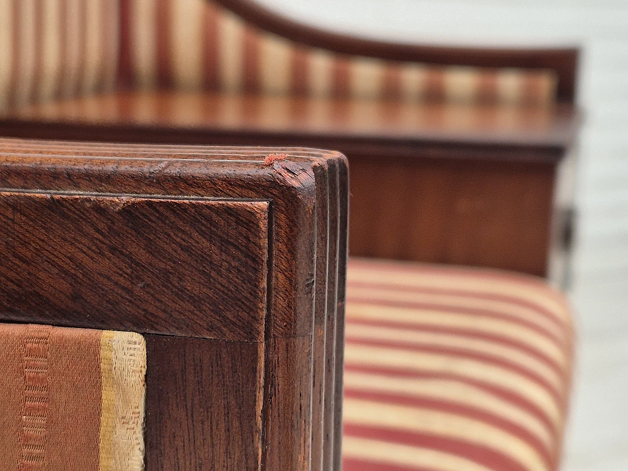 Danish mahogany and fabric bench with drawer, 1950s 15