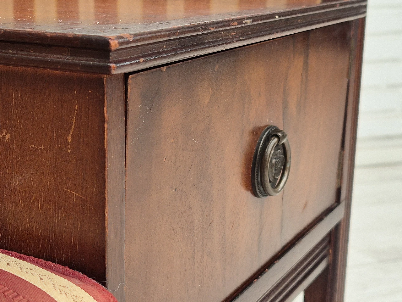 Danish mahogany and fabric bench with drawer, 1950s 16