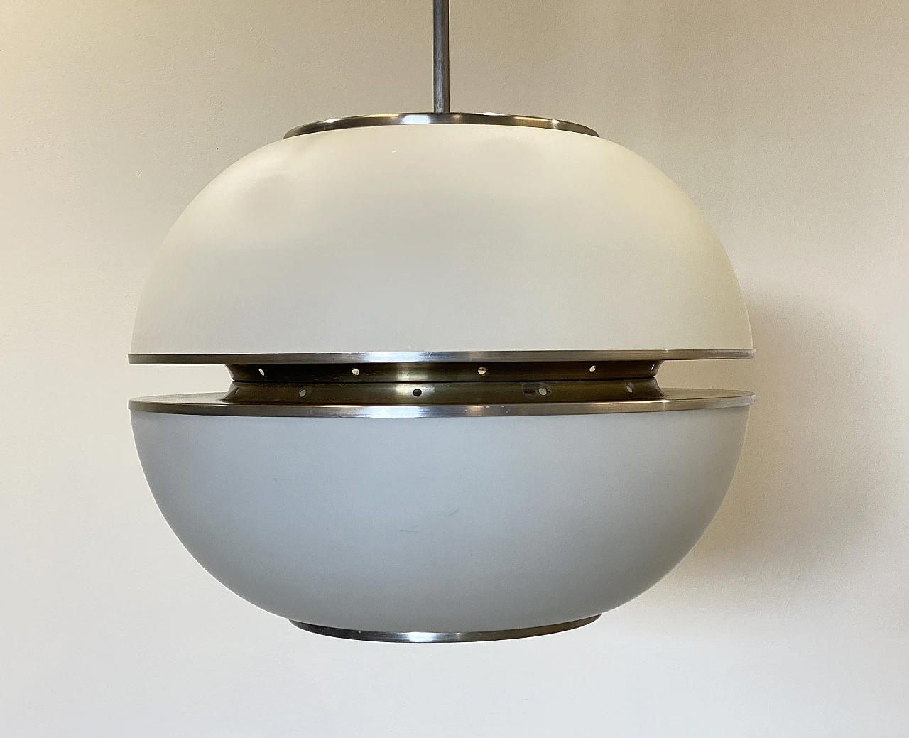 Space Age opaline glass and steel hanging lamp, 1970s 3