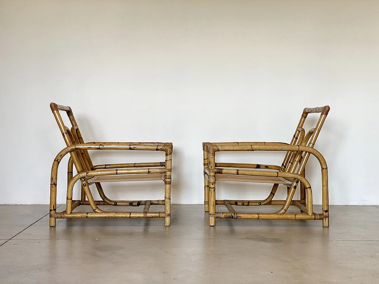 Pair of bamboo armchairs with cushions, 1970s 2