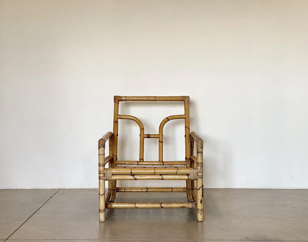 Pair of bamboo armchairs with cushions, 1970s 3