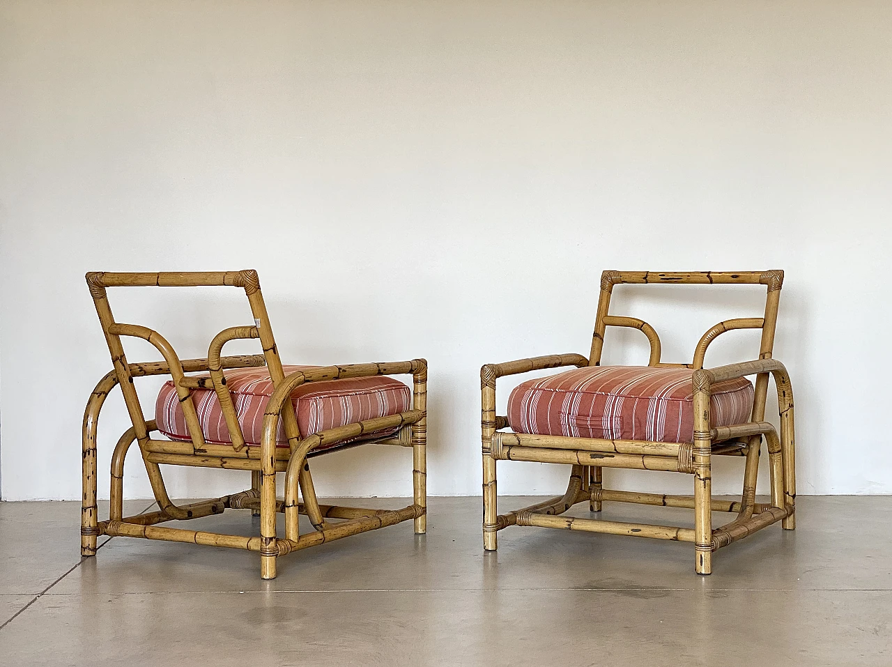 Pair of bamboo armchairs with cushions, 1970s 4