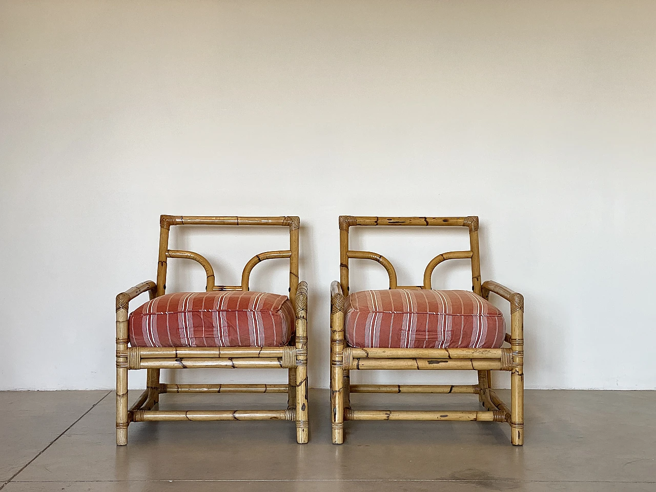 Pair of bamboo armchairs with cushions, 1970s 6