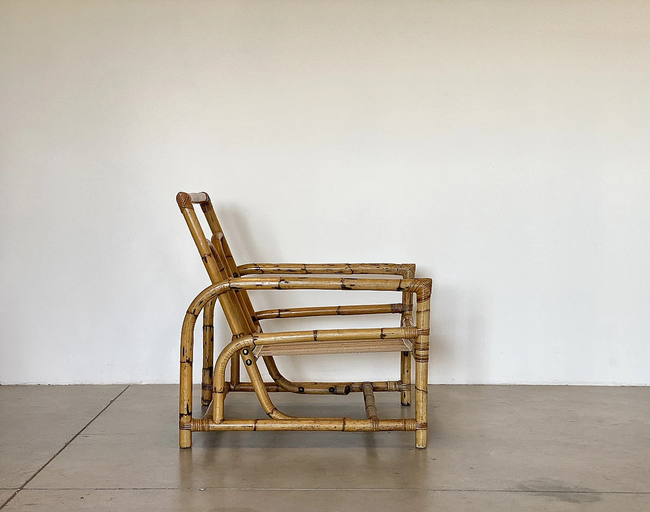 Pair of bamboo armchairs with cushions, 1970s 8