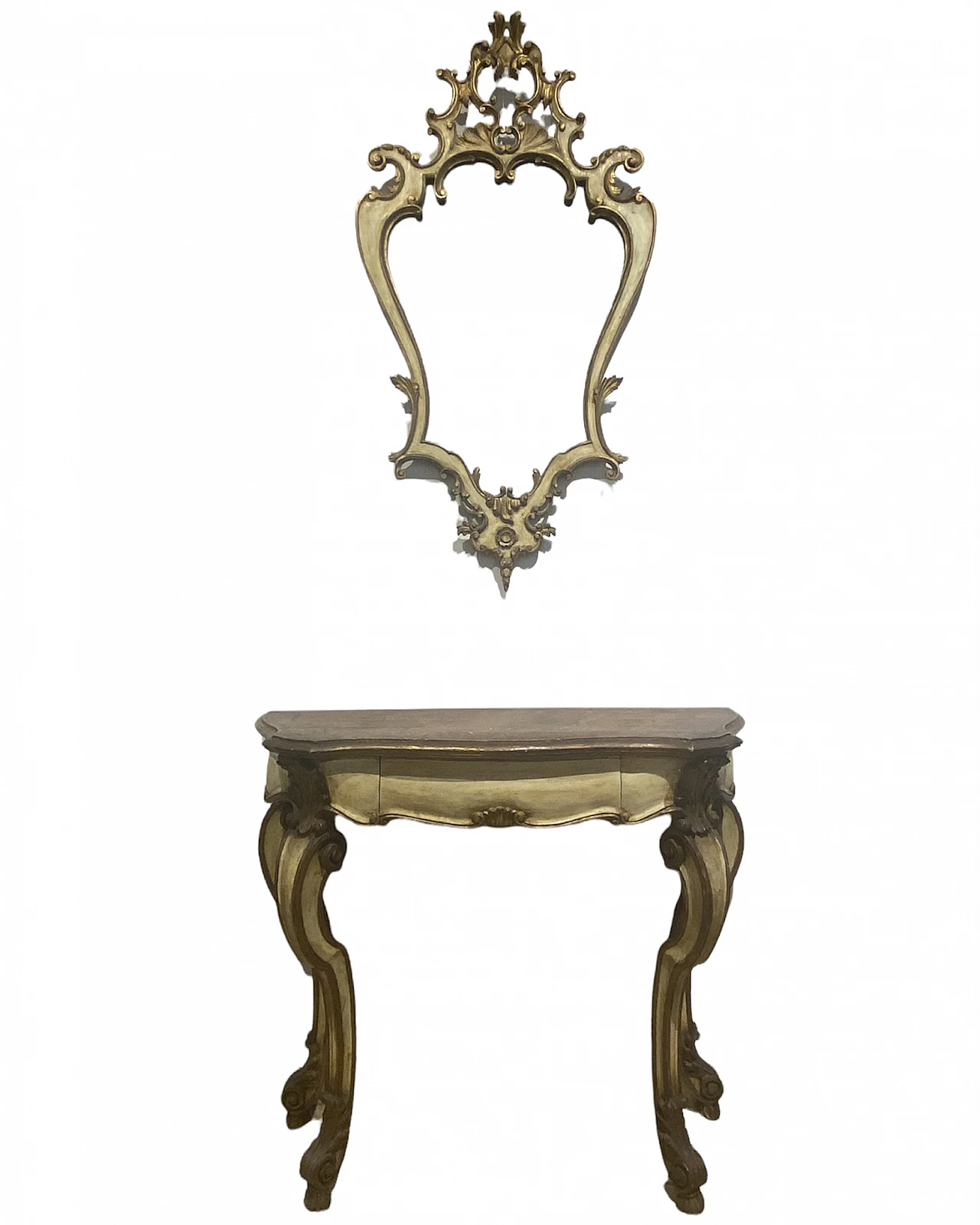 Louis XV style lacquered and gilded wood console and mirror, 1950s 1