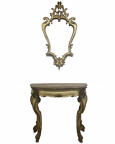 Louis XV style lacquered and gilded wood console and mirror, 1950s