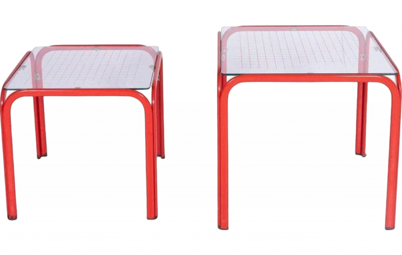 Pair of red iron coffee tables with glass top, 1980s 6