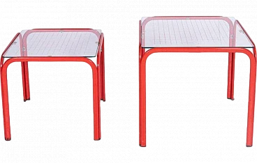 Pair of red iron coffee tables with glass top, 1980s