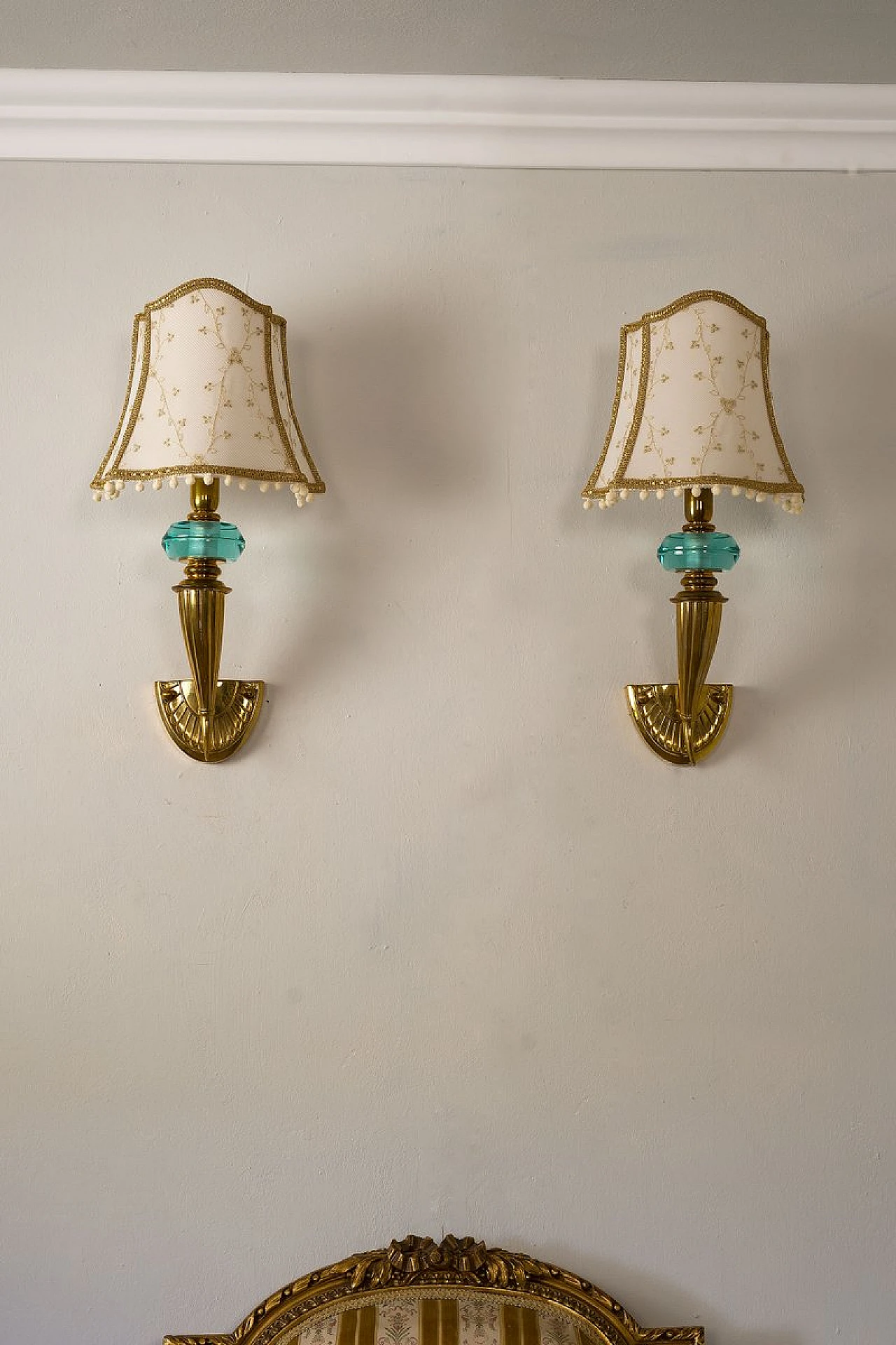 Pair of cornucopia-shaped wall lights in golden brass & crystal, 1940s 11