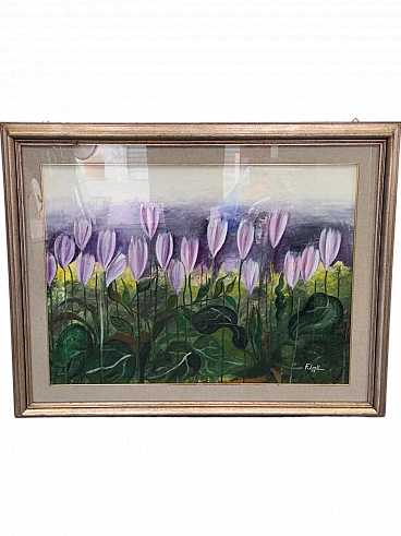 F. Lenti, campo di tulipani, dipinto a olio su tela, 1973