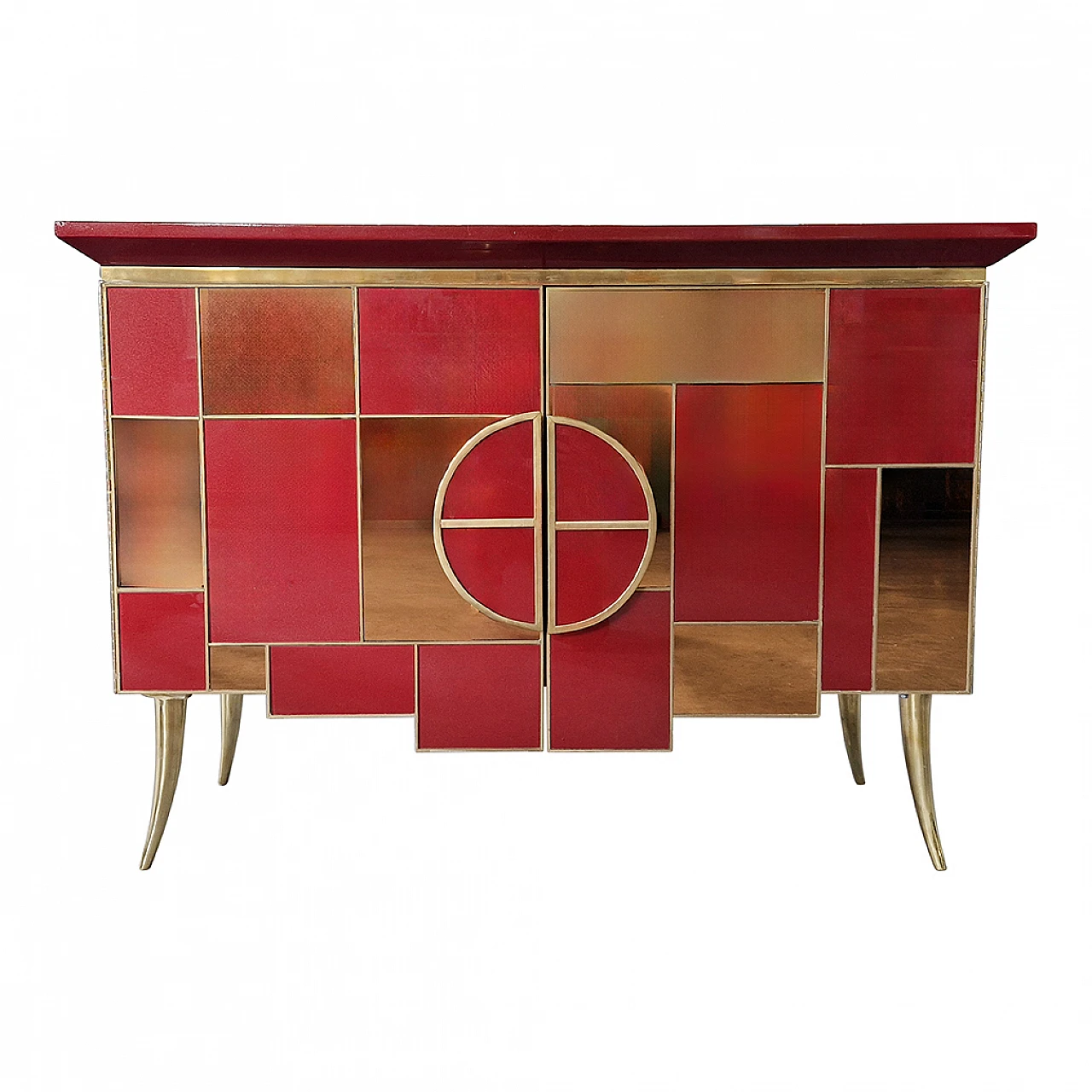 Mirror and burgundy glass sideboard with lights, 1980s 1