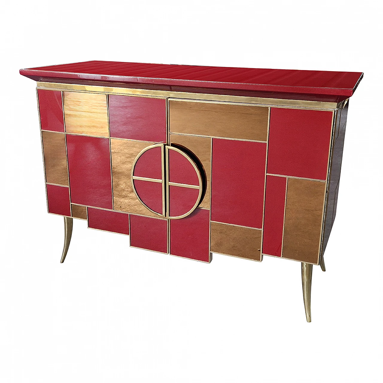 Mirror and burgundy glass sideboard with lights, 1980s 6