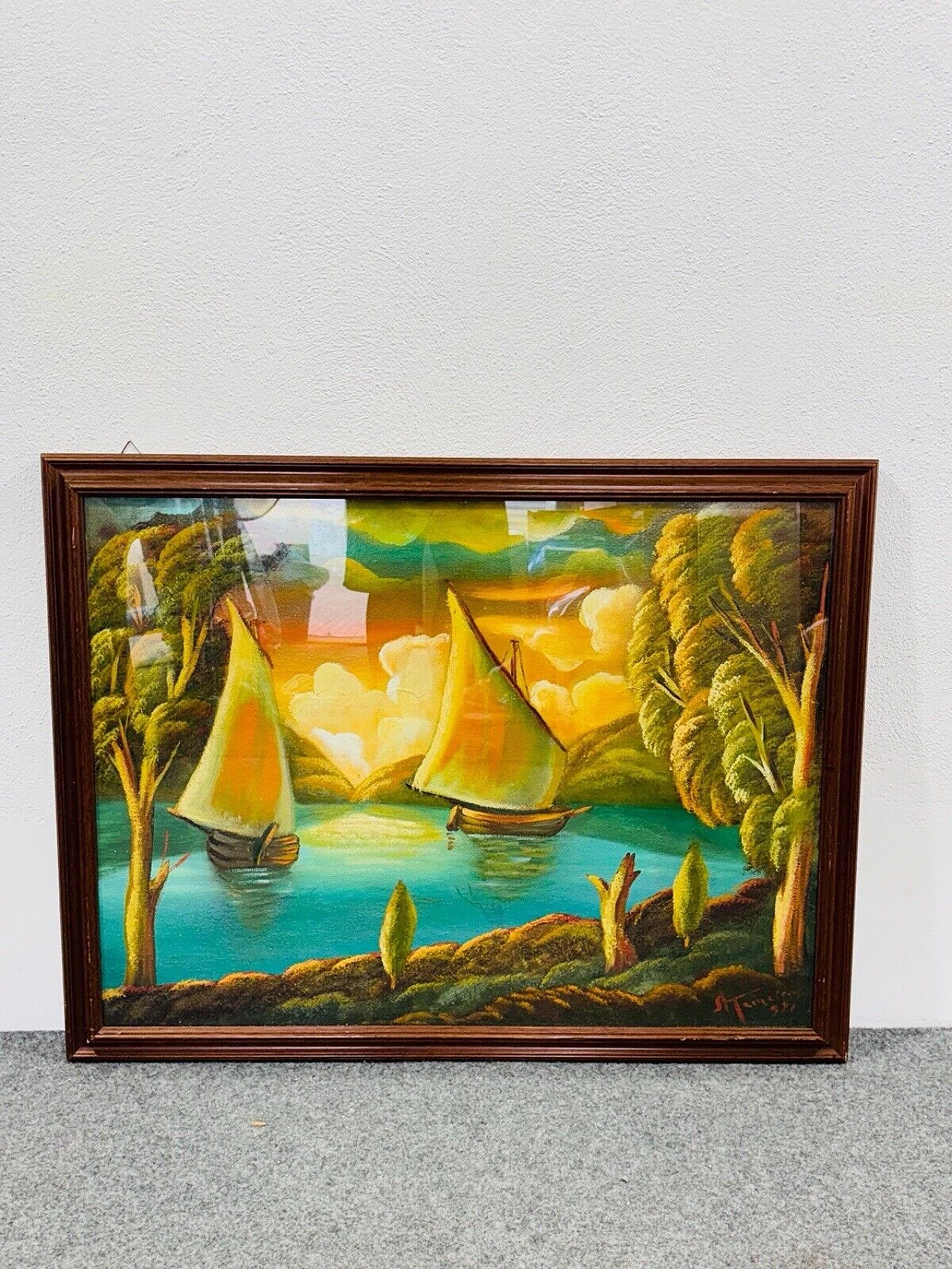 River with sailing boats, mixed media painting on canvas, 1970s 1