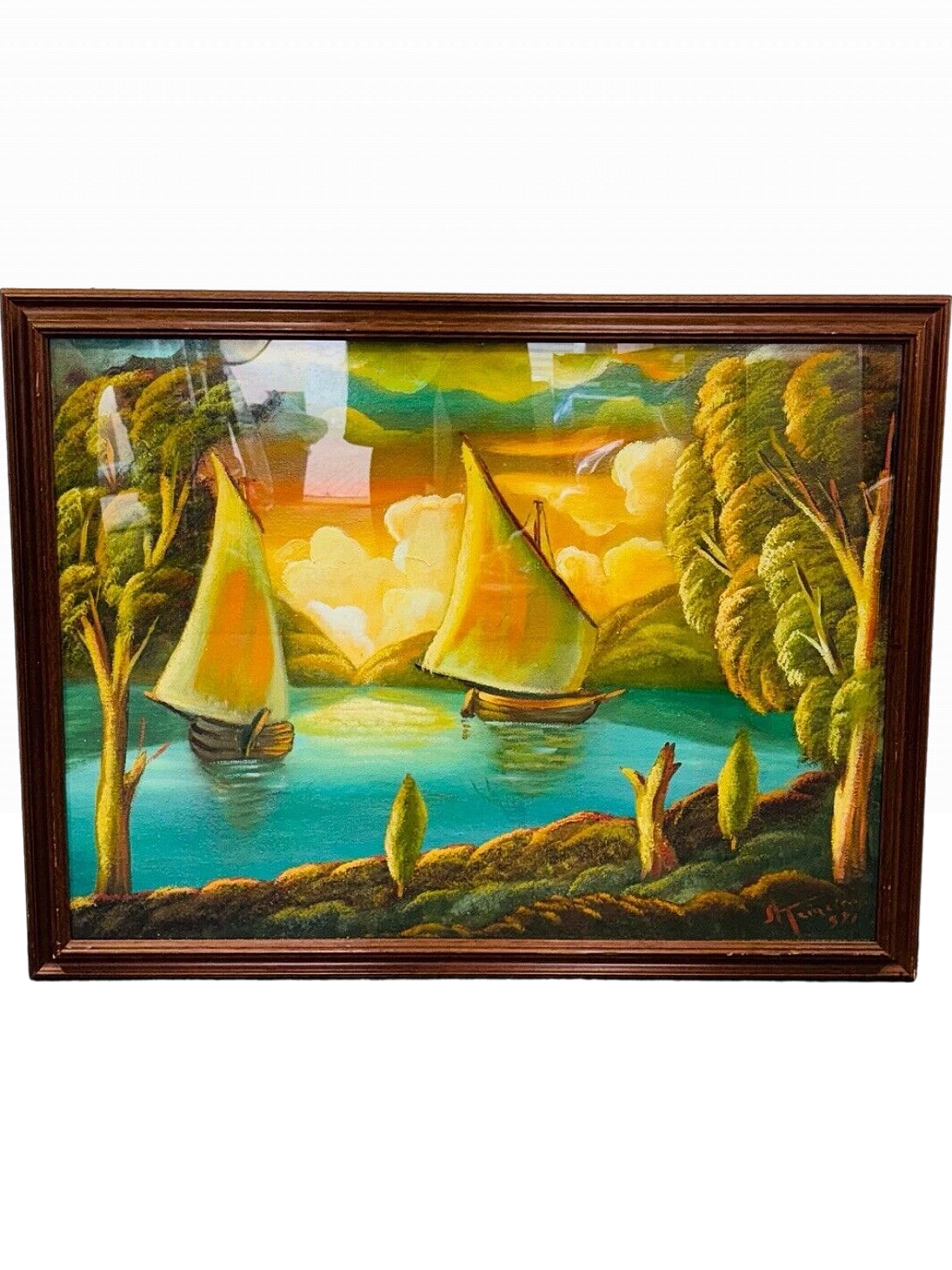 River with sailing boats, mixed media painting on canvas, 1970s 2