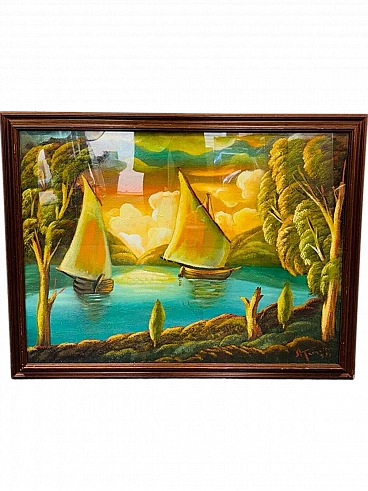 Fiume con barche a vela, dipinto a tecnica mista su tela, anni '70