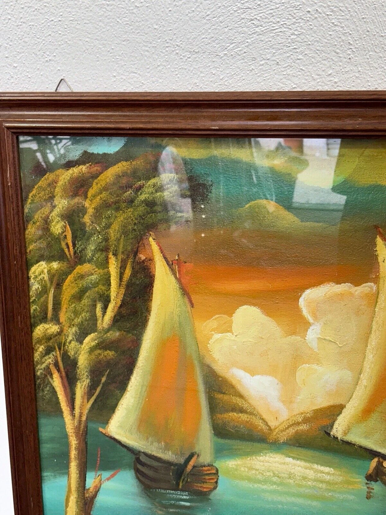 River with sailing boats, mixed media painting on canvas, 1970s 5