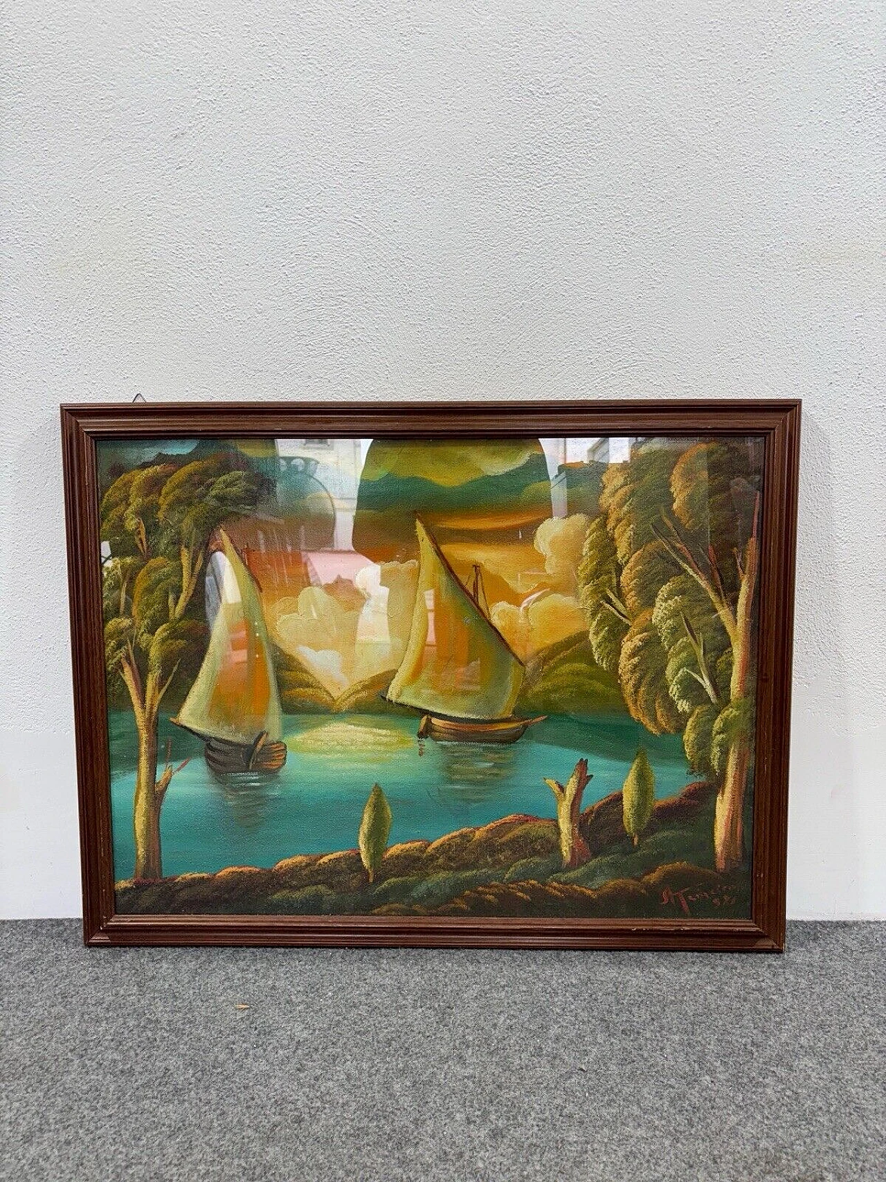 River with sailing boats, mixed media painting on canvas, 1970s 6