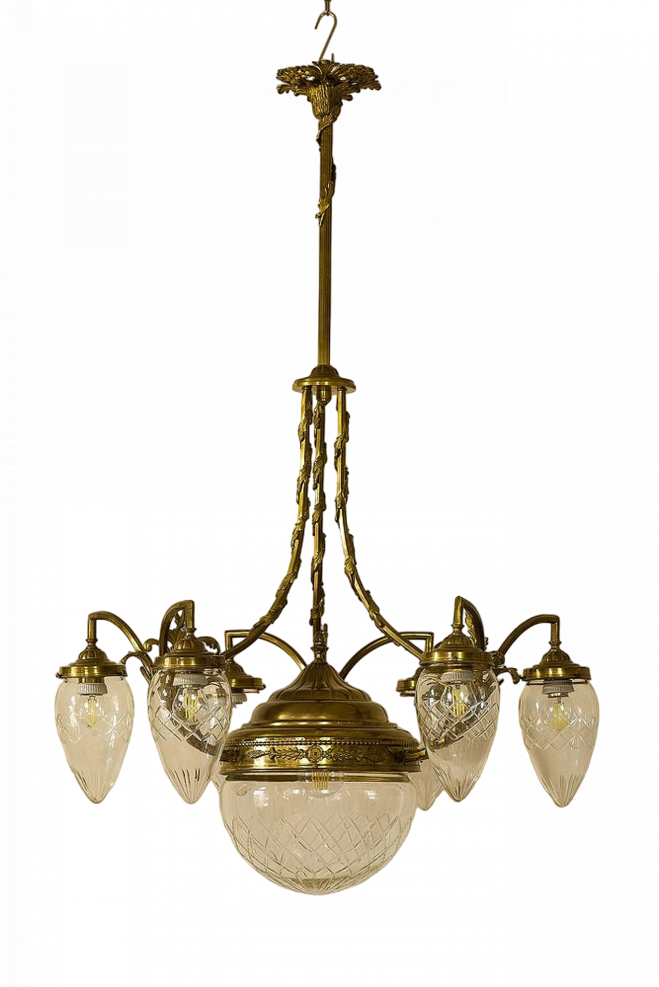 Art Nouveau brass and crystal chandelier, 1920s 12