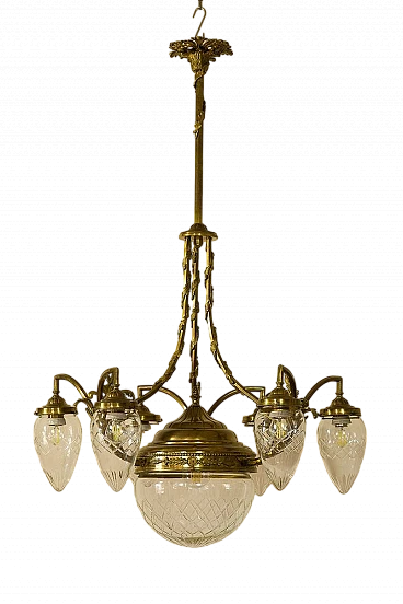 Art Nouveau brass and crystal chandelier, 1920s