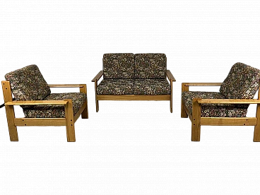 Wood and fabric sofa and pair of armchairs, 1960s