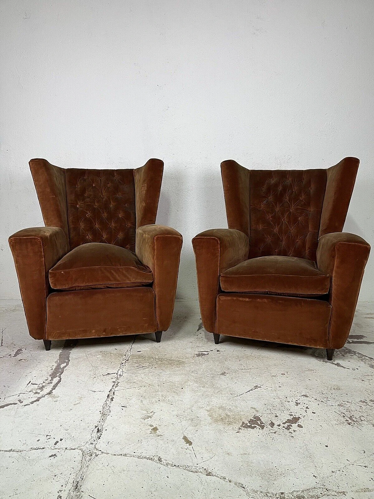 Pair of wooden and velvet armchairs by Paolo Buffa, 1950s 1