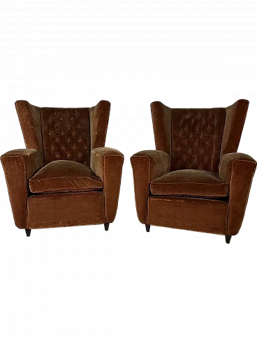 Pair of wooden and velvet armchairs by Paolo Buffa, 1950s