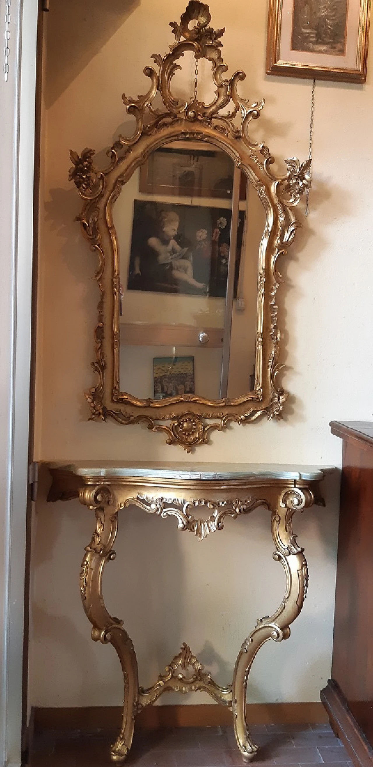 Consolle in legno intagliato e dorato con specchiera, inizio '900 14