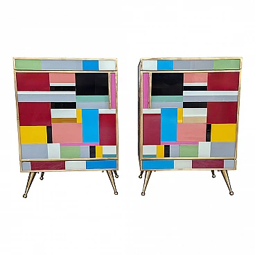 Pair of multicolored Murano glass and brass bedside tables, 1980s