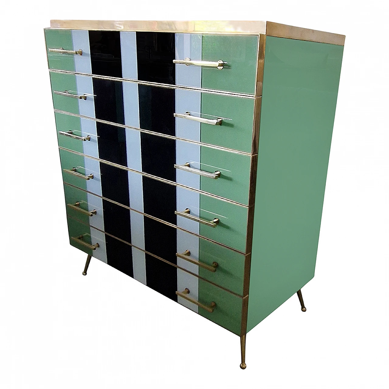 Multicoloured glass and brass chest of drawers, 1980s 9