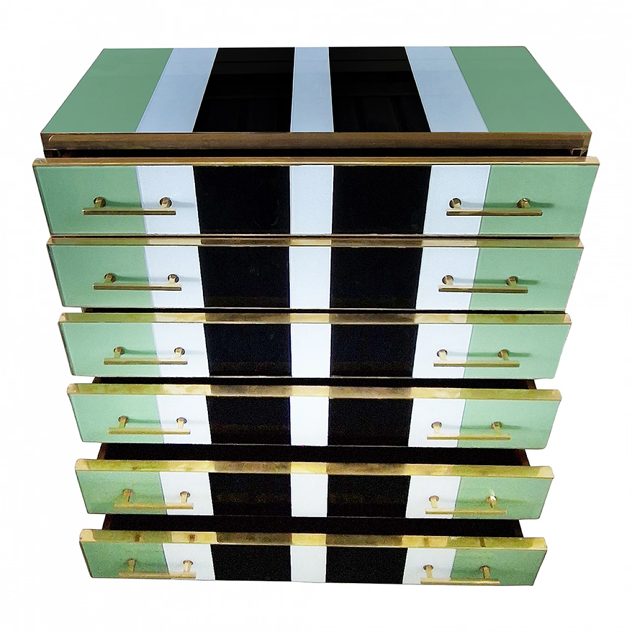 Multicoloured glass and brass chest of drawers, 1980s 10