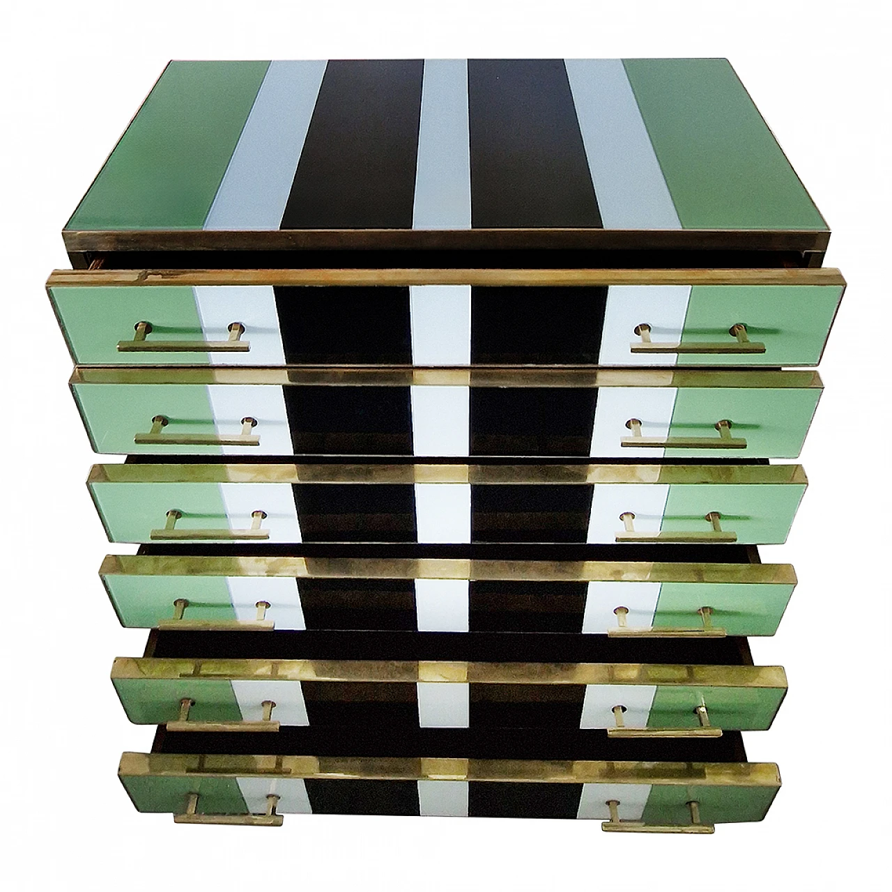 Multicoloured glass and brass chest of drawers, 1980s 11